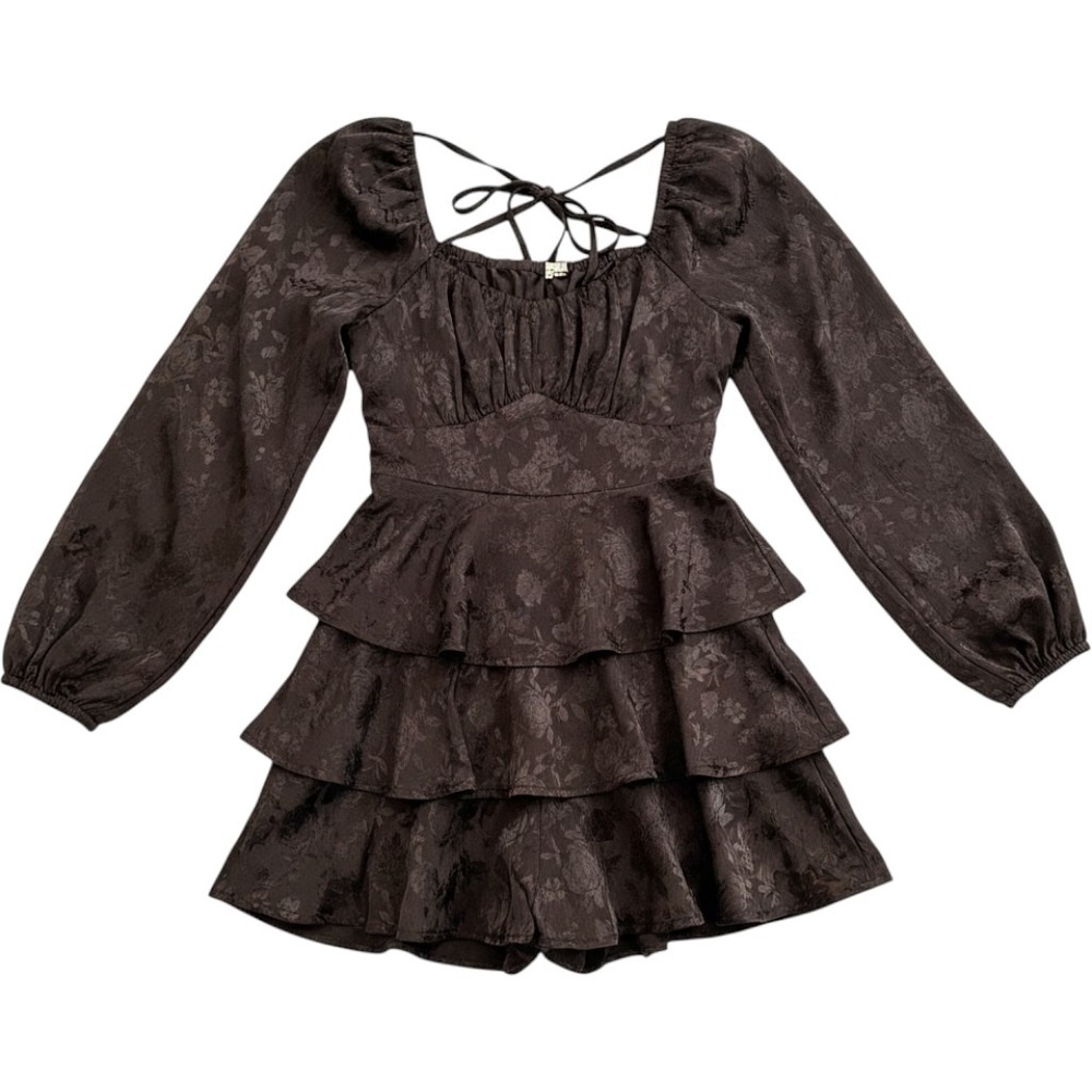 Altar'd State Black Floral Jacquard Tiered Ruffle Dress XS Open Back Sleeve